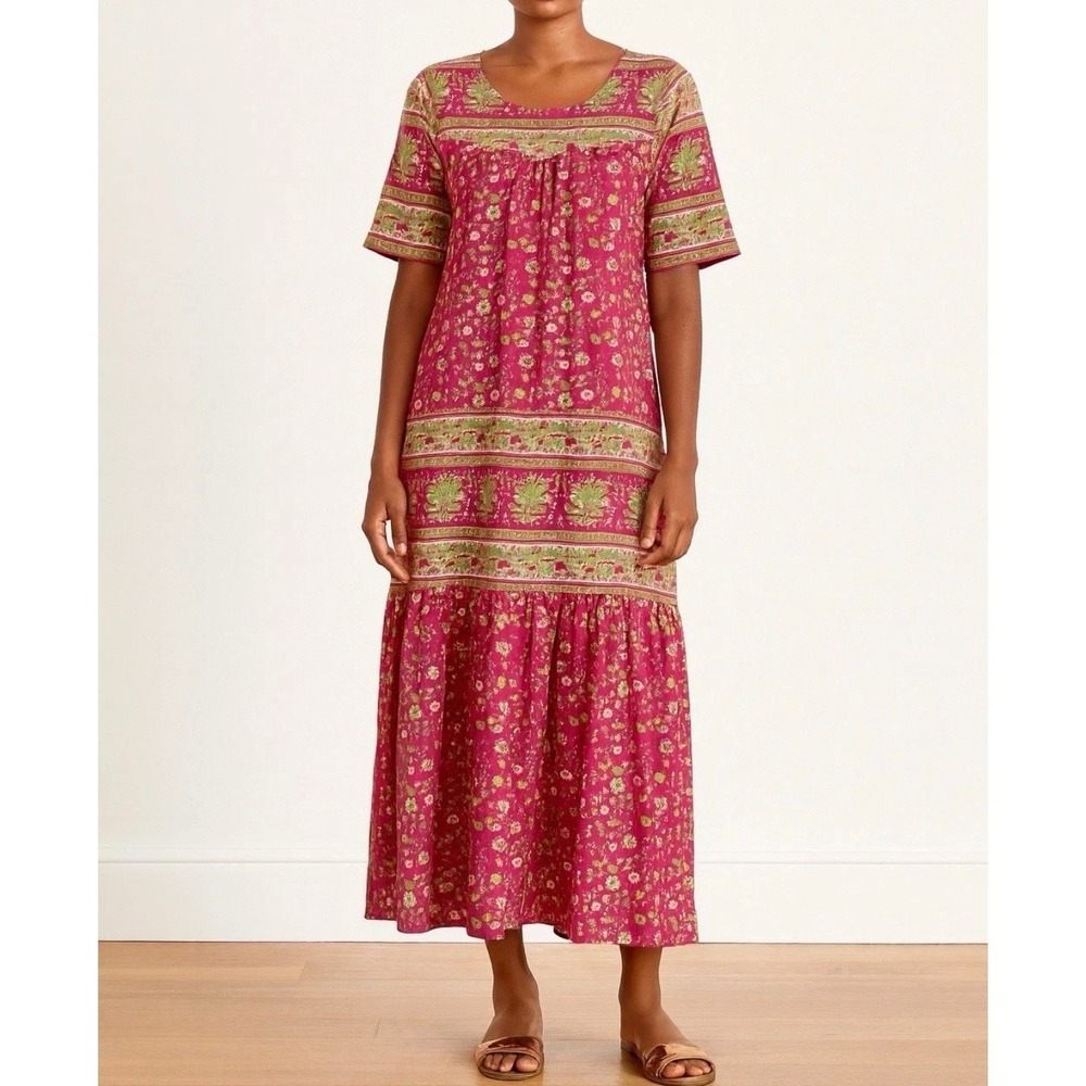 Vermont Country Store Dress S Pink Yellow Cotton Floral Muumuu Dress Housedress